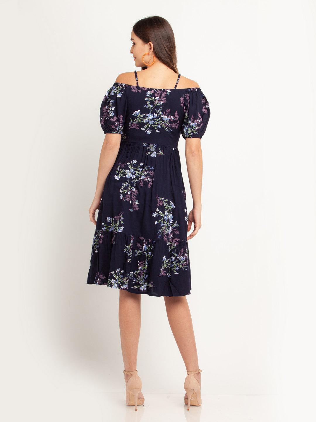 Navy Blue Printed Puff Sleeve Midi Dress