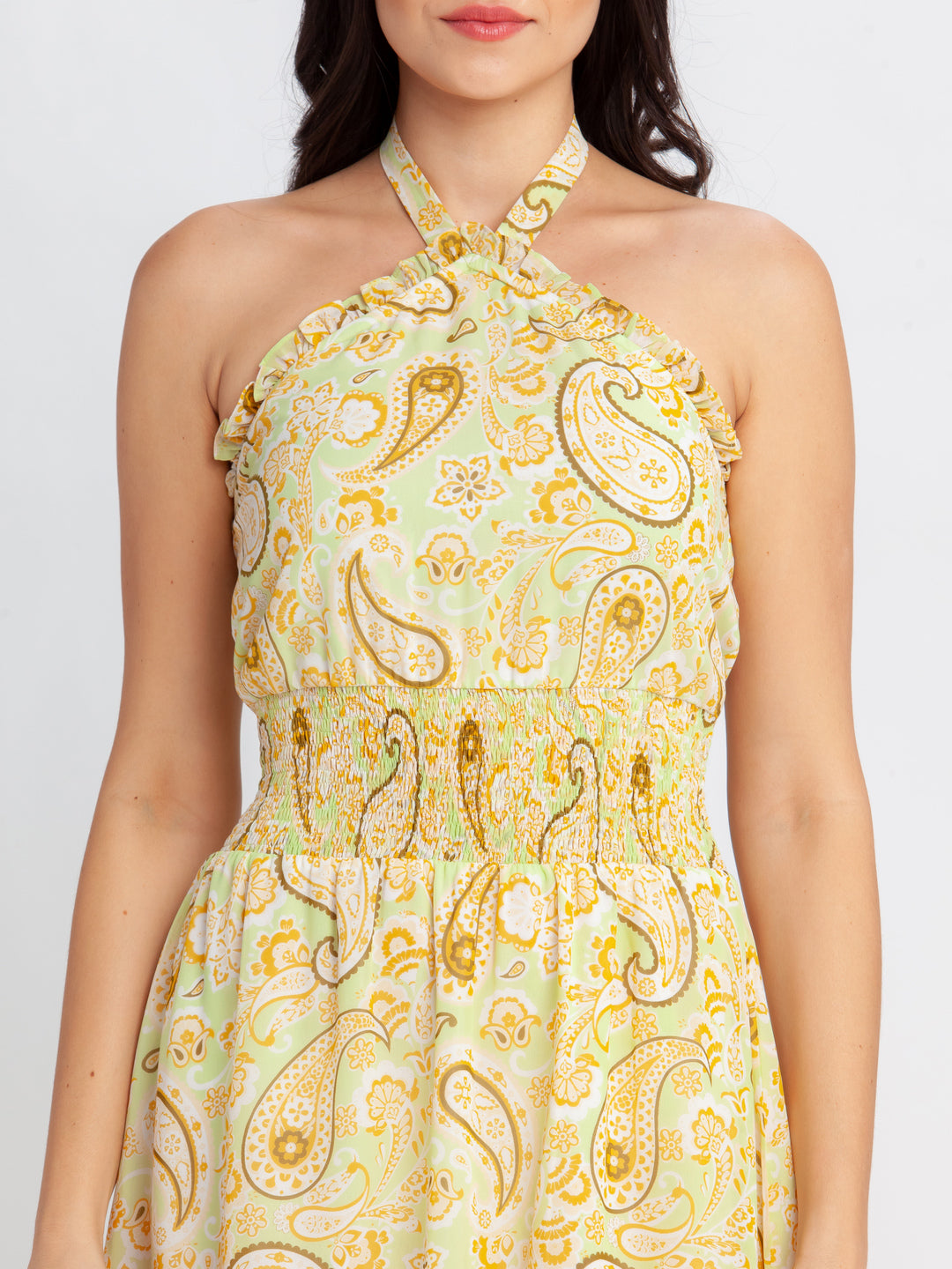 Green Printed Elasticated Short Dress