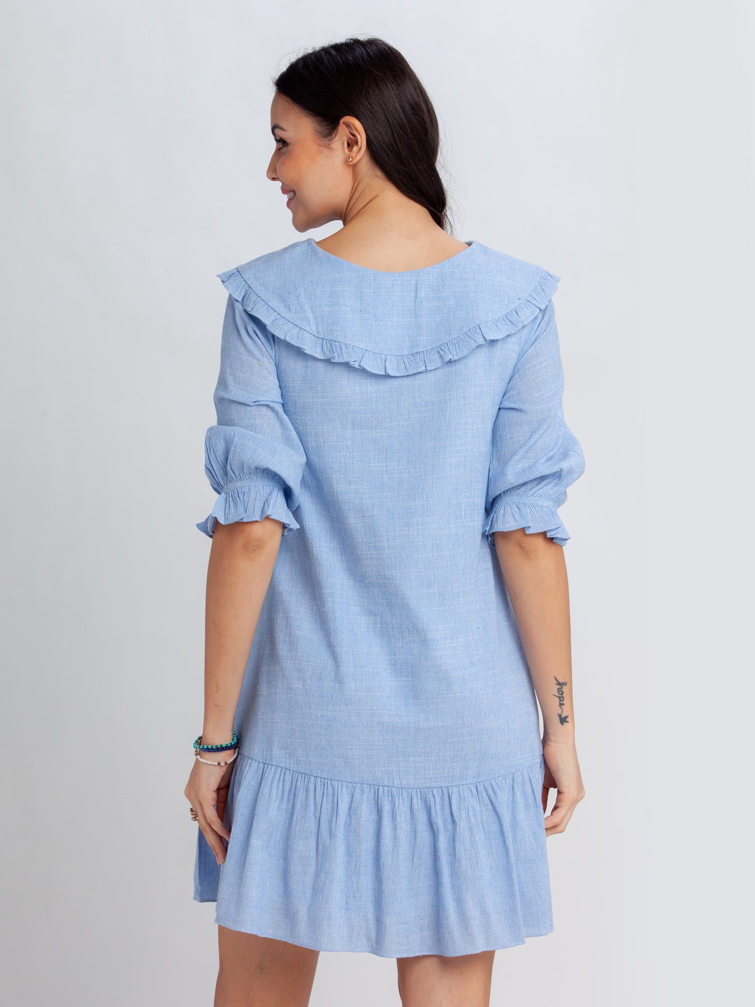 Blue Solid Gathered Short Dress
