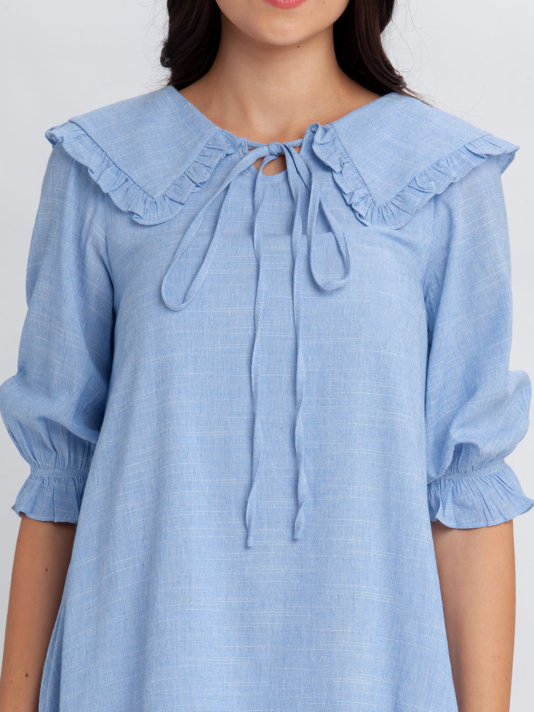 Blue Solid Gathered Short Dress