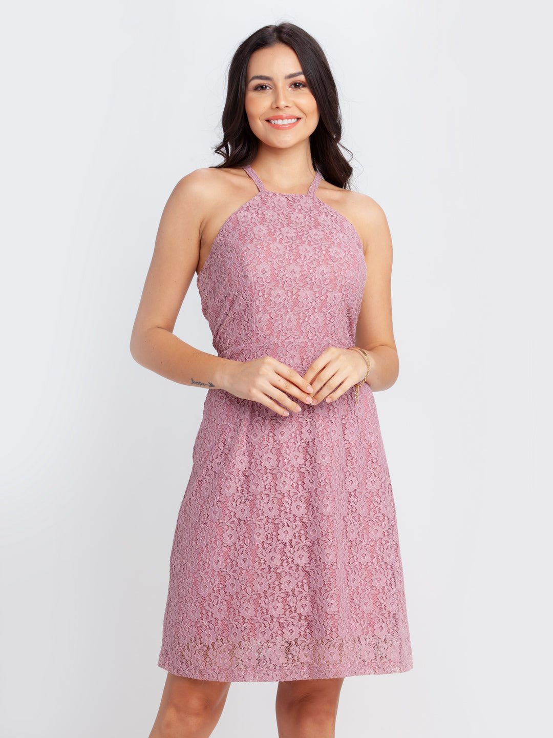 Pink Lace Strappy Short Dress