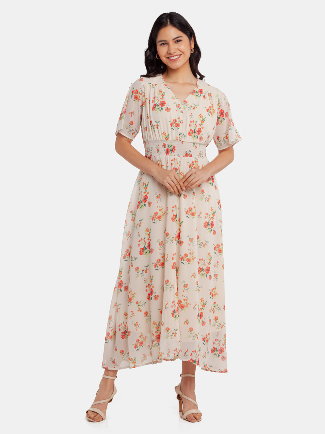 Off White Printed Elasticated Maxi Dress