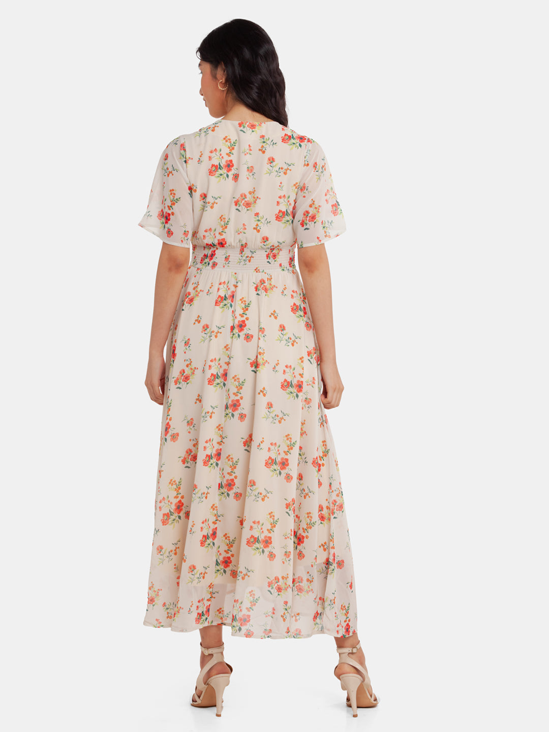 Off White Printed Elasticated Maxi Dress