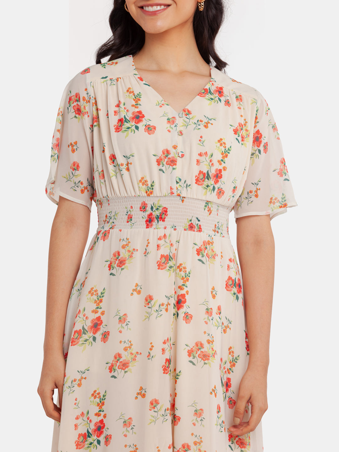 Off White Printed Elasticated Maxi Dress
