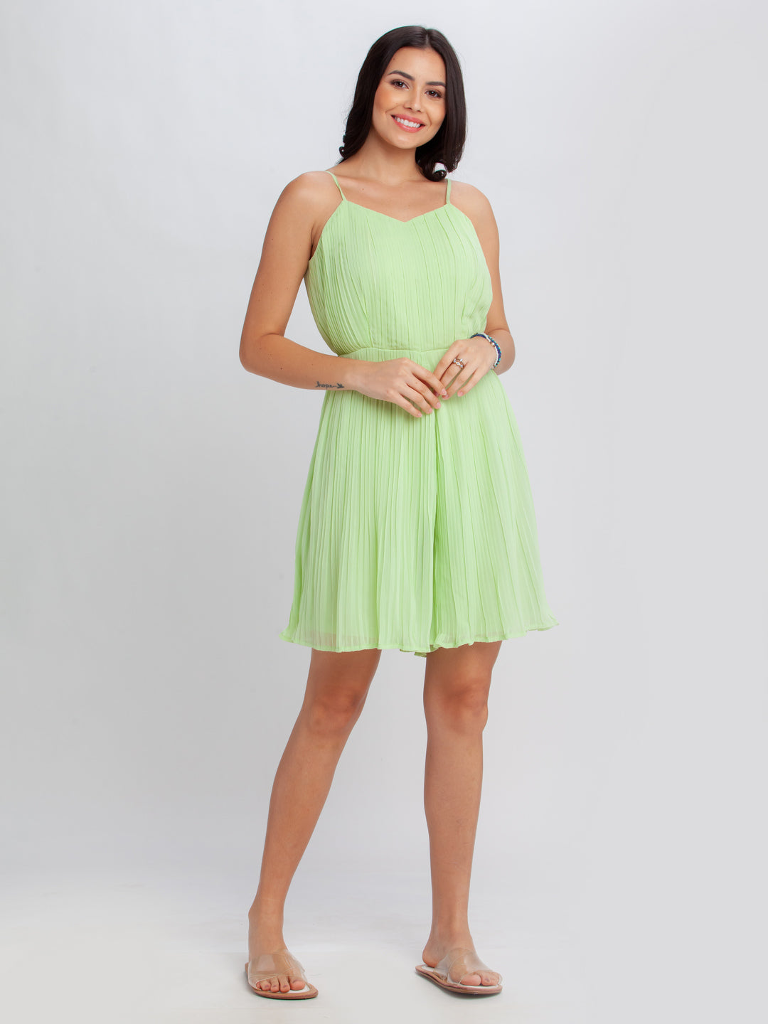 Green Solid Strappy Playsuit