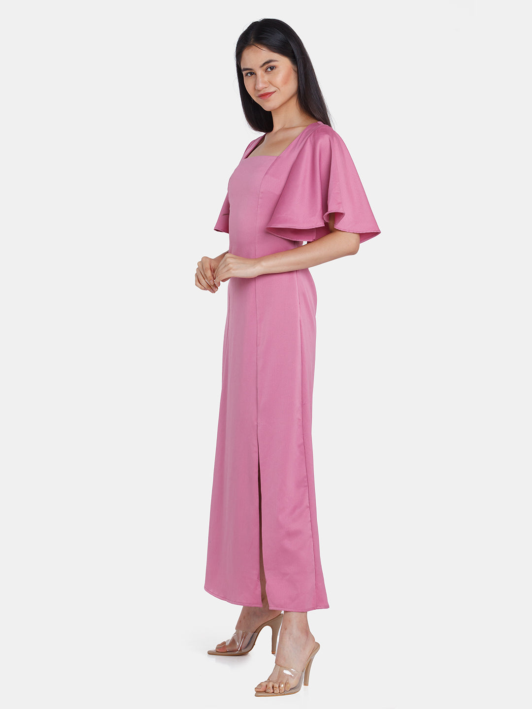 Pink Solid Flared Sleeve Maxi Dress