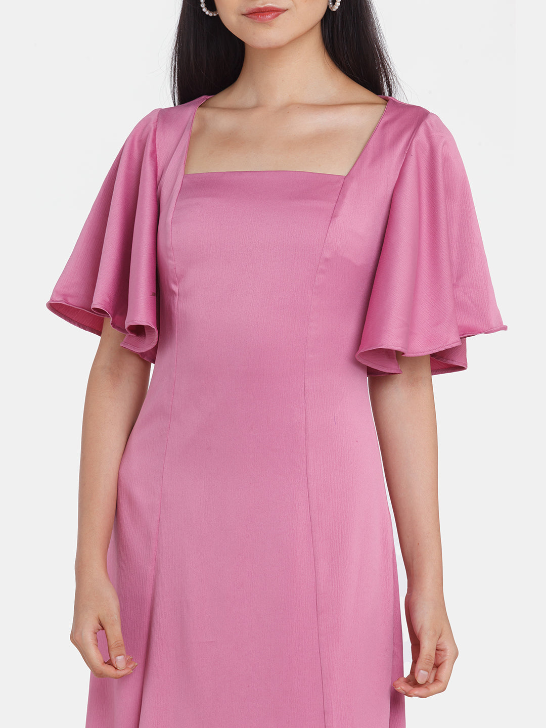 Pink Solid Flared Sleeve Maxi Dress