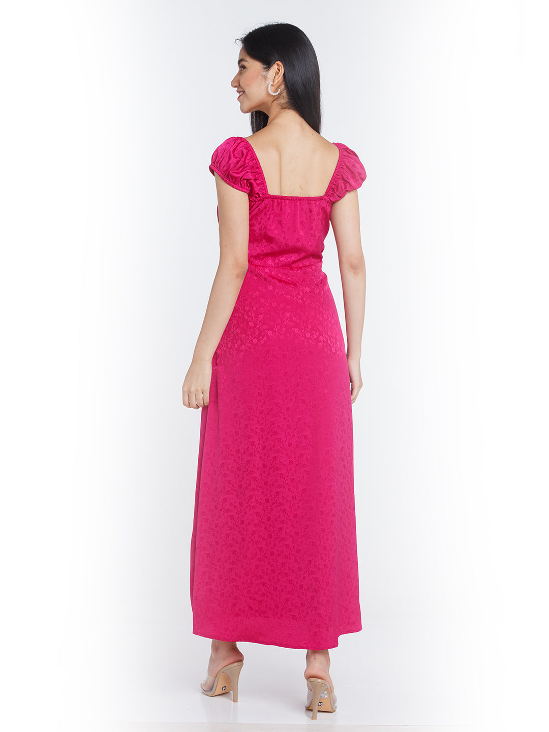 Wine Self Design Puff Sleeve Maxi Dress