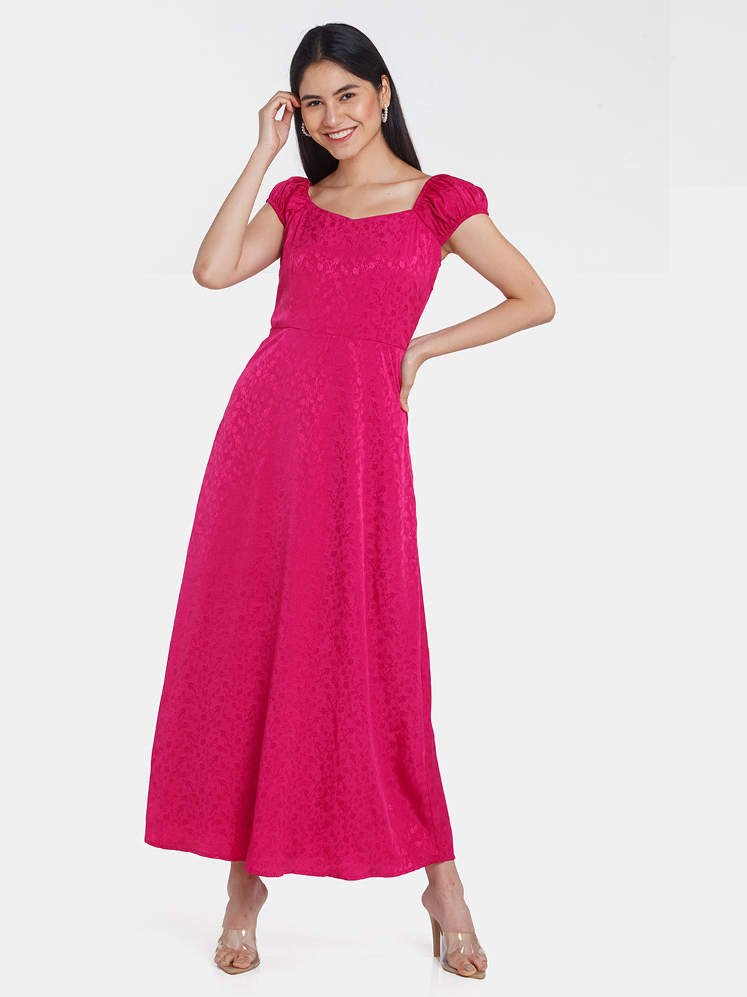 Wine Self Design Puff Sleeve Maxi Dress