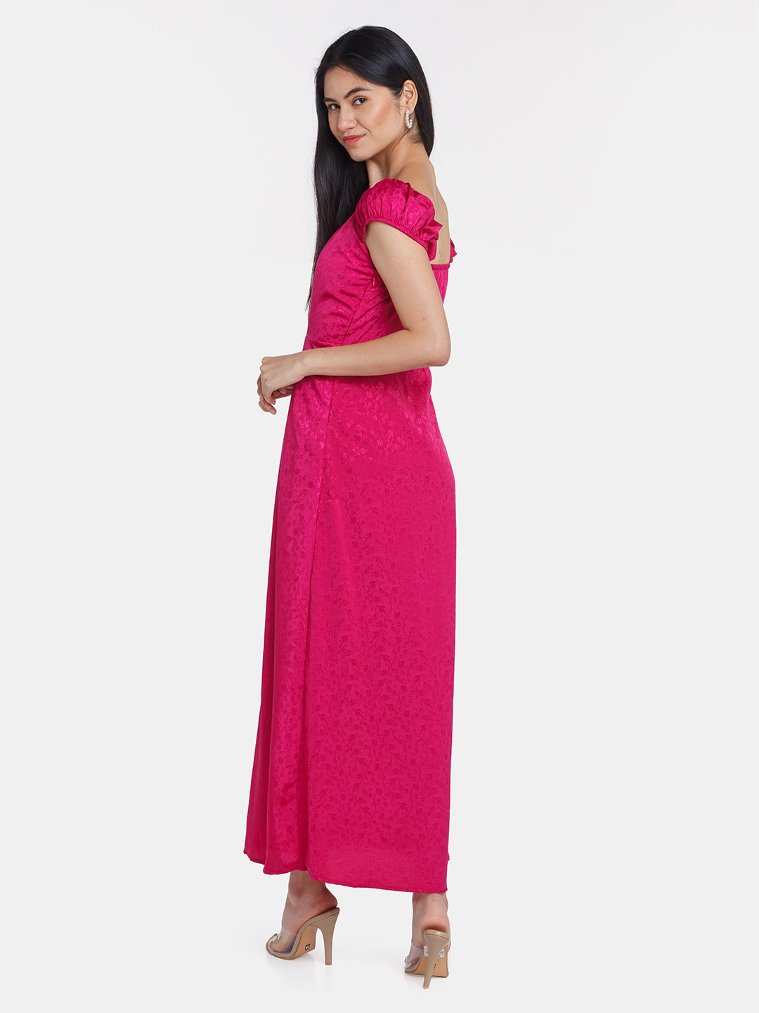 Wine Self Design Puff Sleeve Maxi Dress