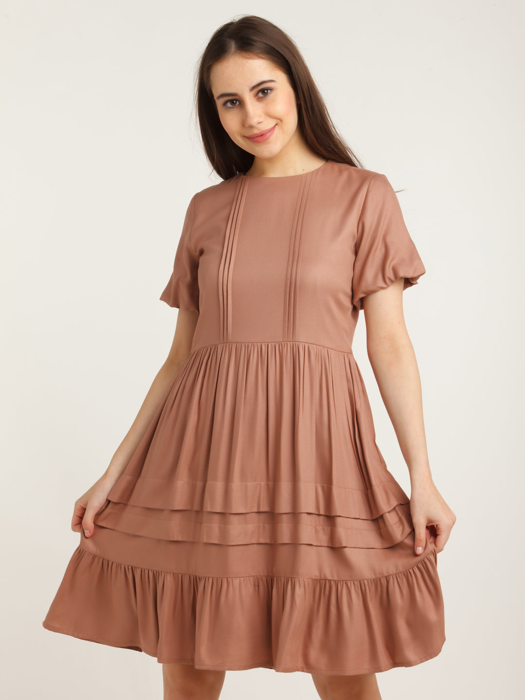 Brown Solid Pleated Short Dress