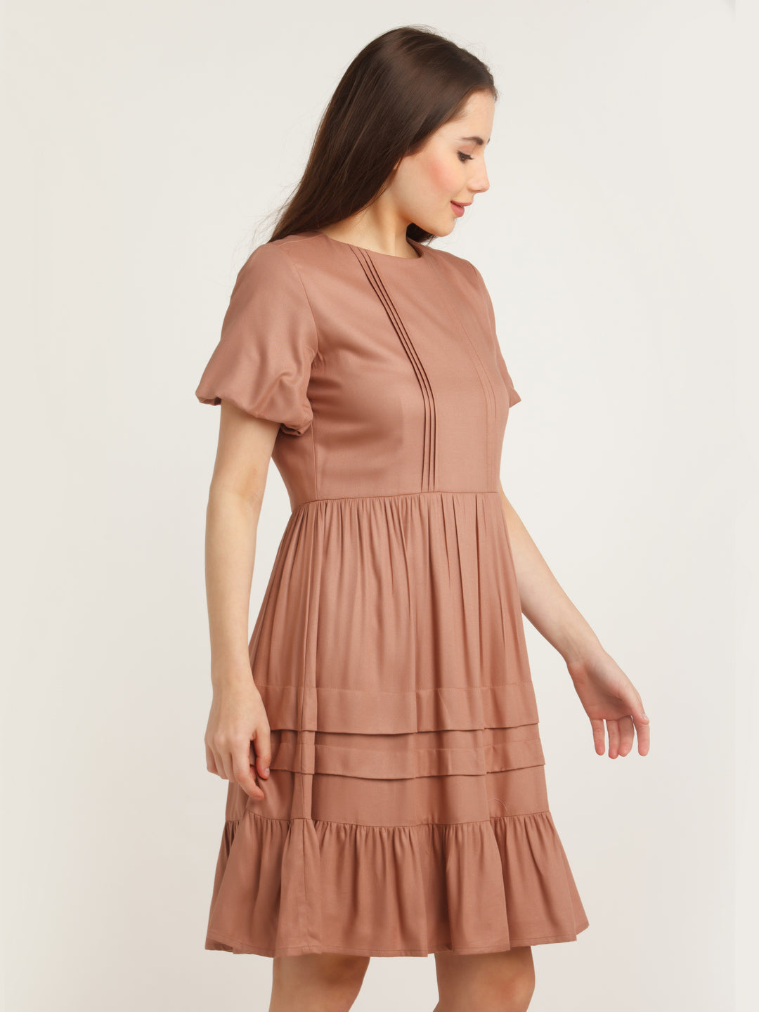 Brown Solid Pleated Short Dress