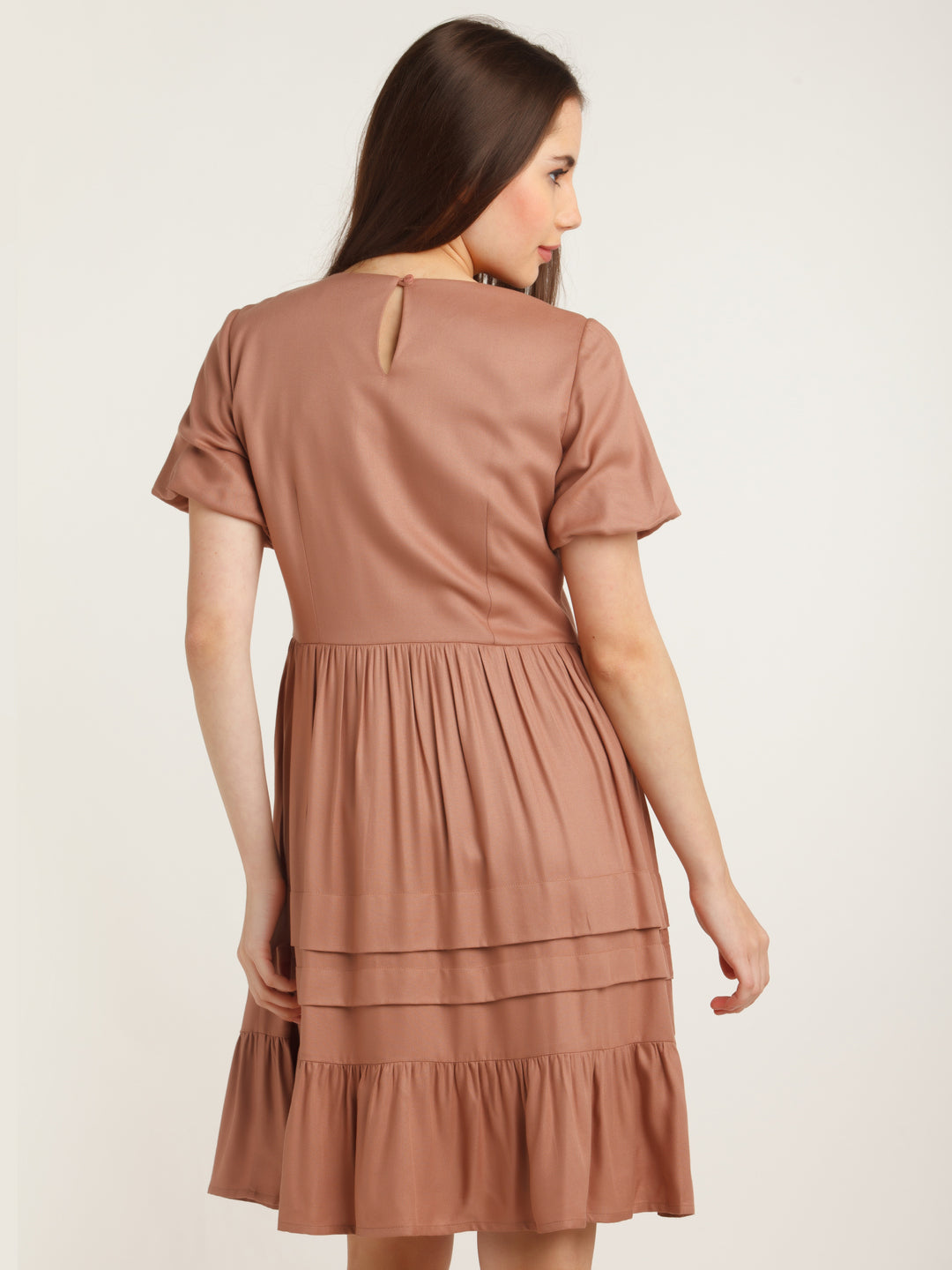 Brown Solid Pleated Short Dress