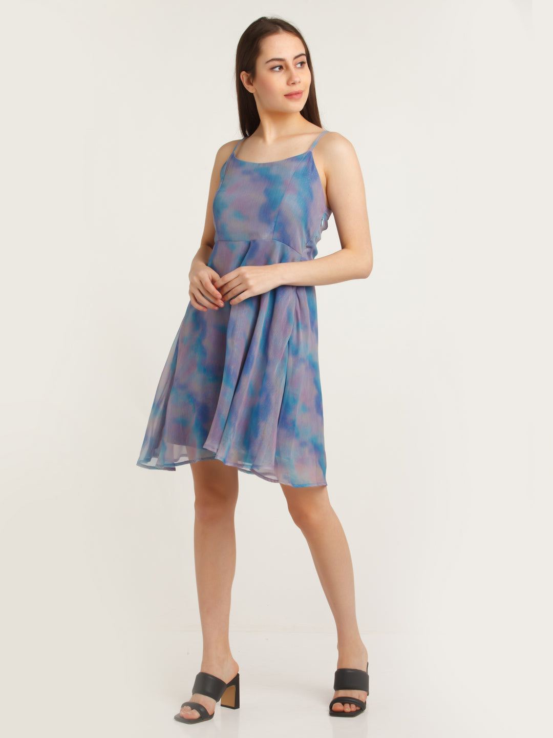 Blue Printed Strappy Short Dress