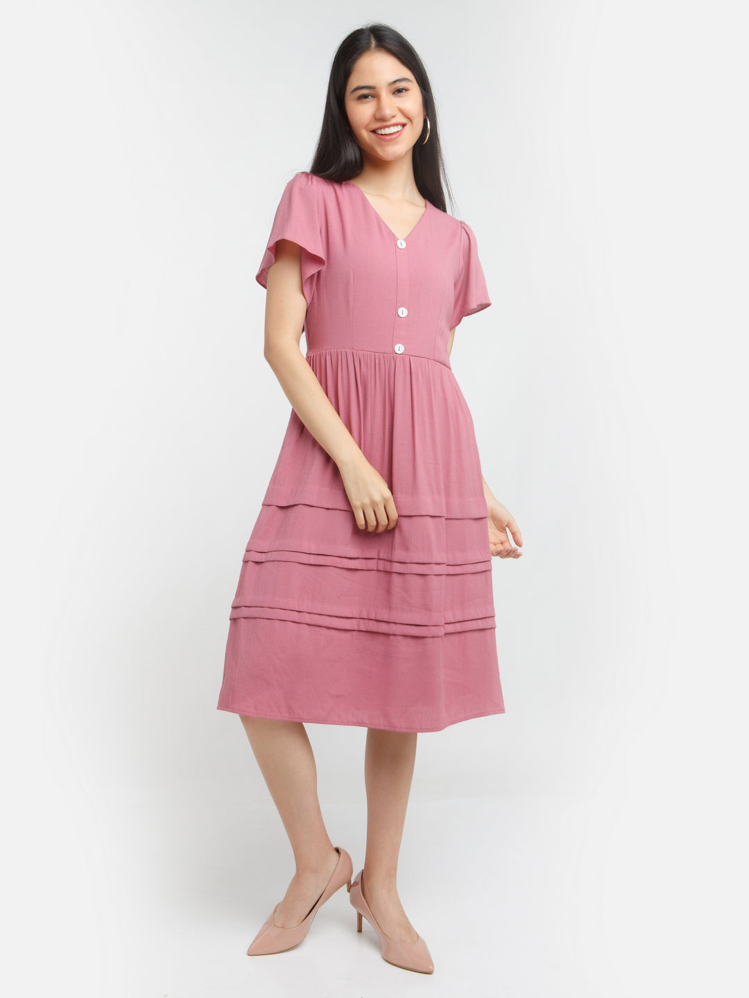 Pink Solid Tiered Midi Dress