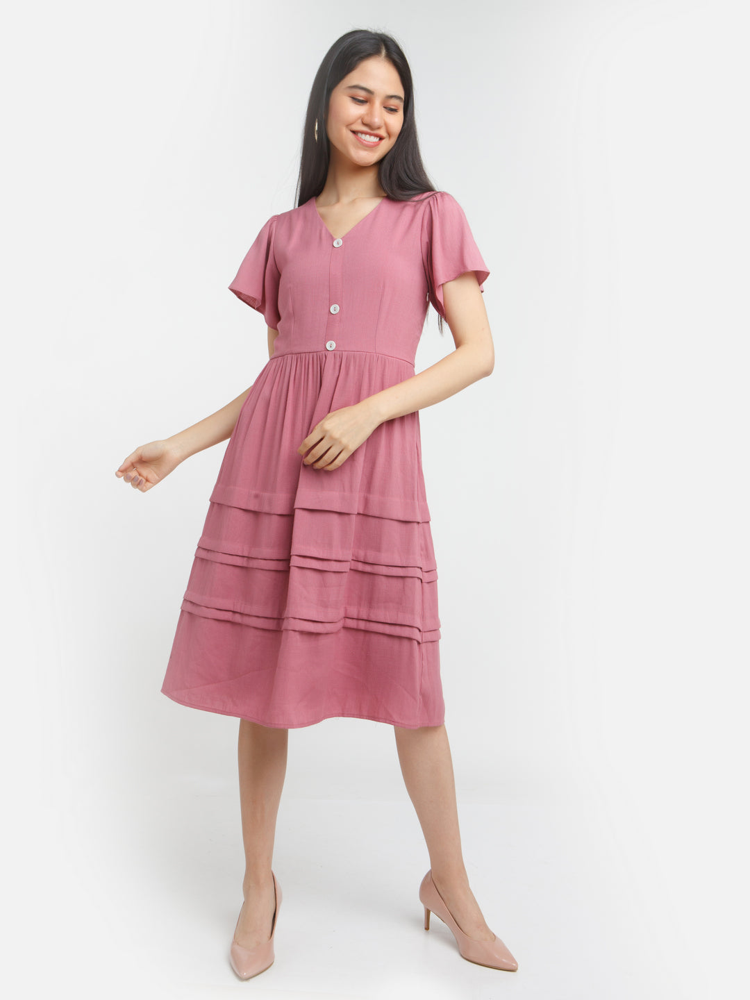 Pink Solid Tiered Midi Dress