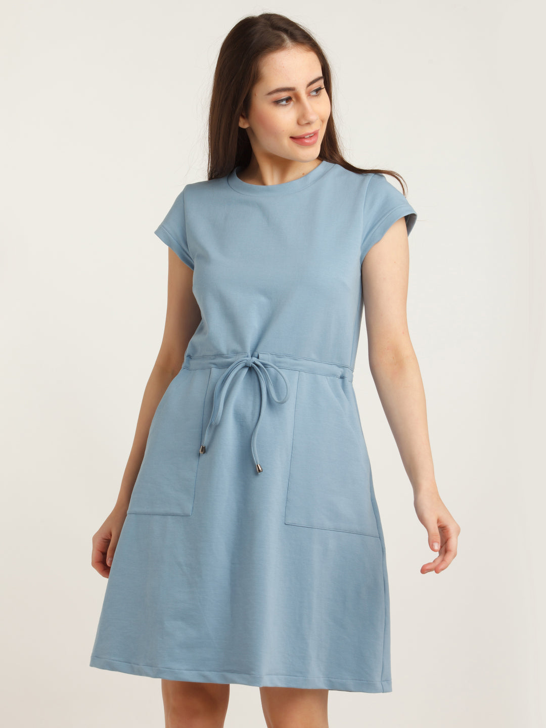 Blue Solid Tie-Up Short Dress