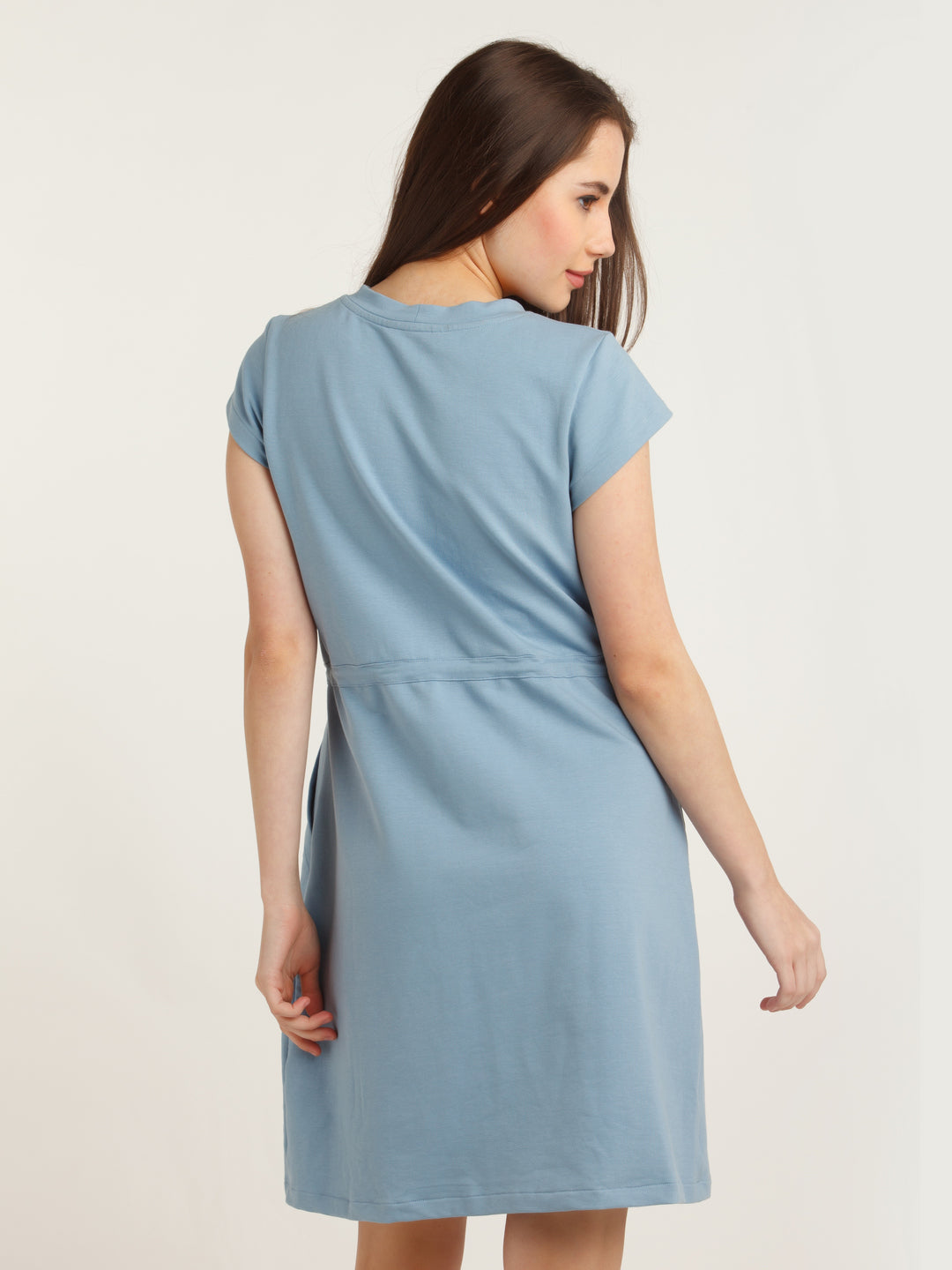 Blue Solid Tie-Up Short Dress