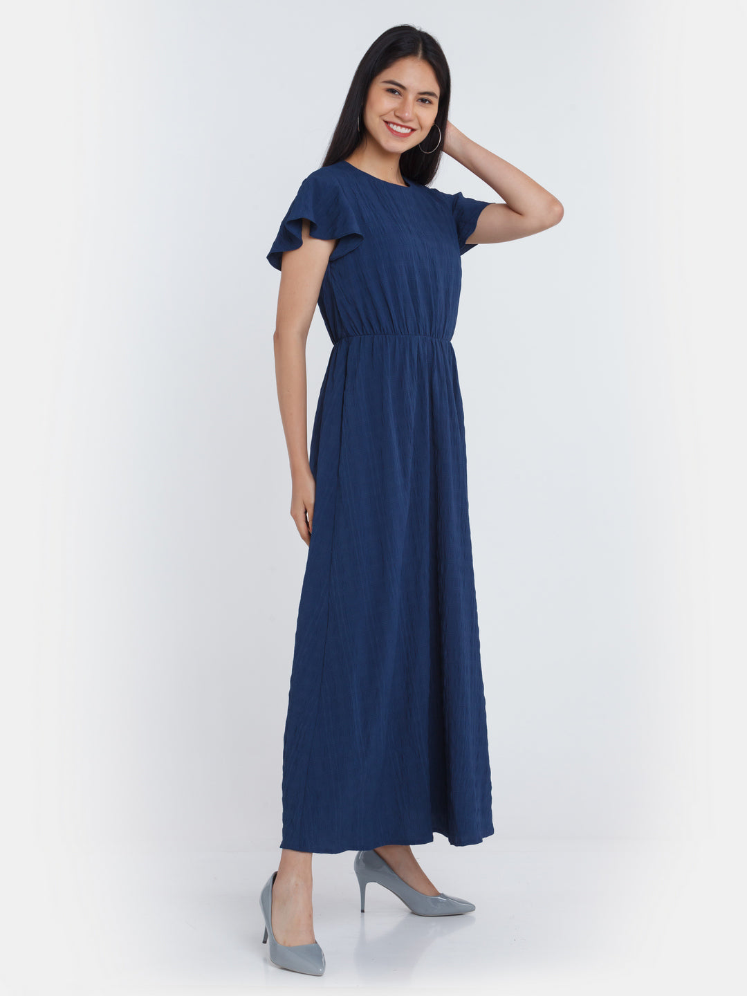 Blue Checks Flared Sleeve Maxi Dress