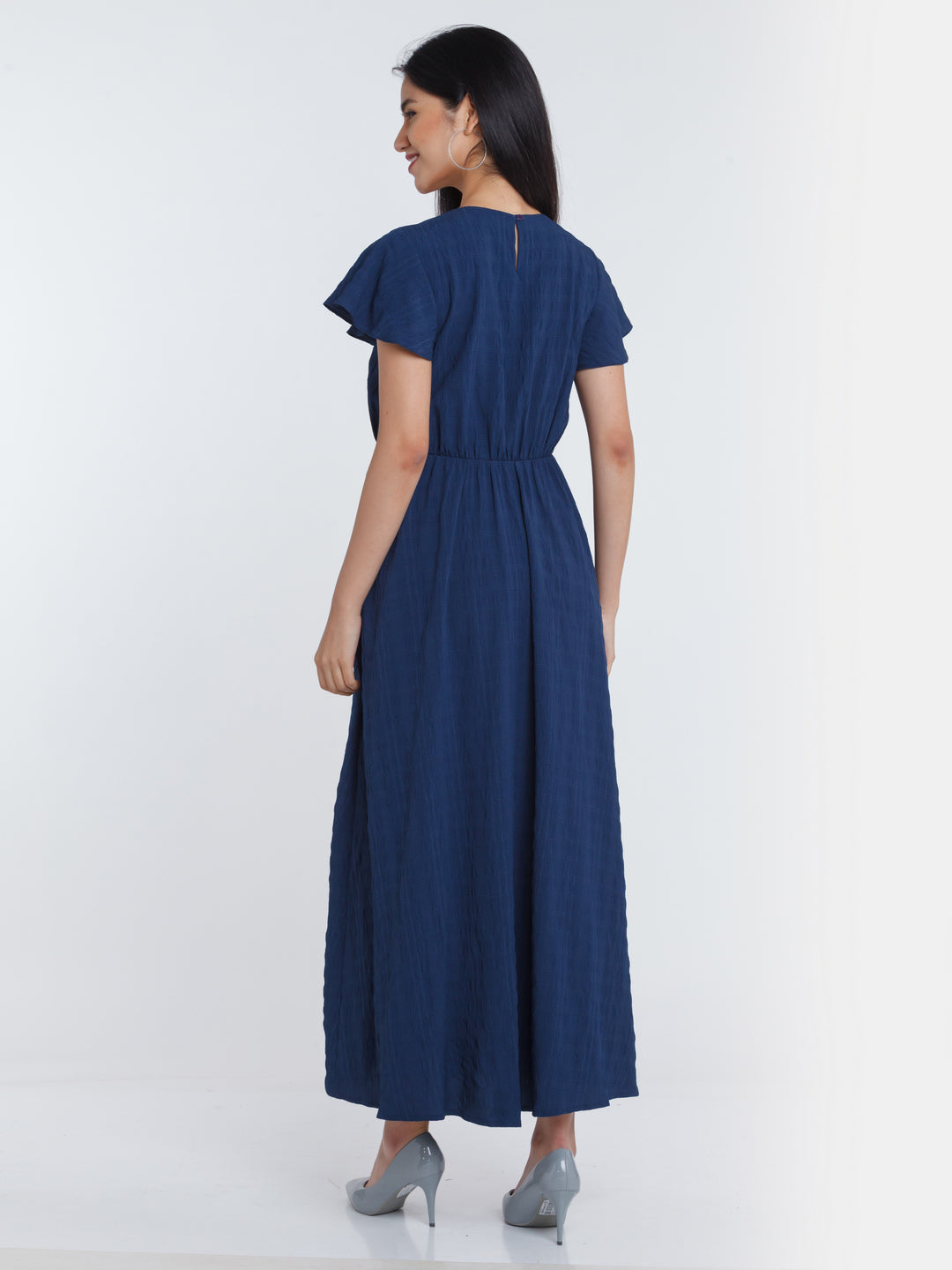 Blue Checks Flared Sleeve Maxi Dress