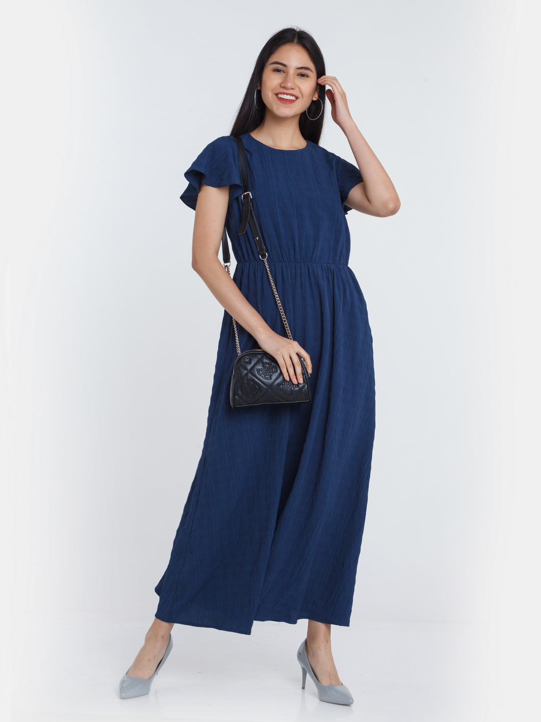 Blue Checks Flared Sleeve Maxi Dress