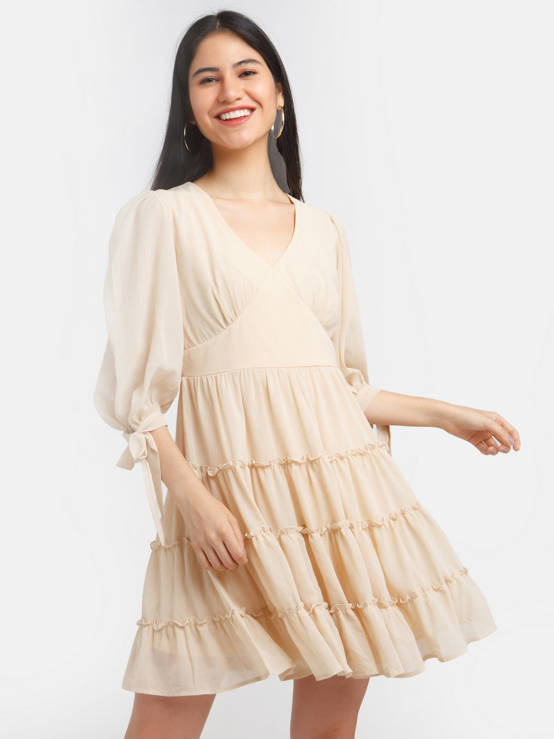 Beige Solid Tiered Short Dress