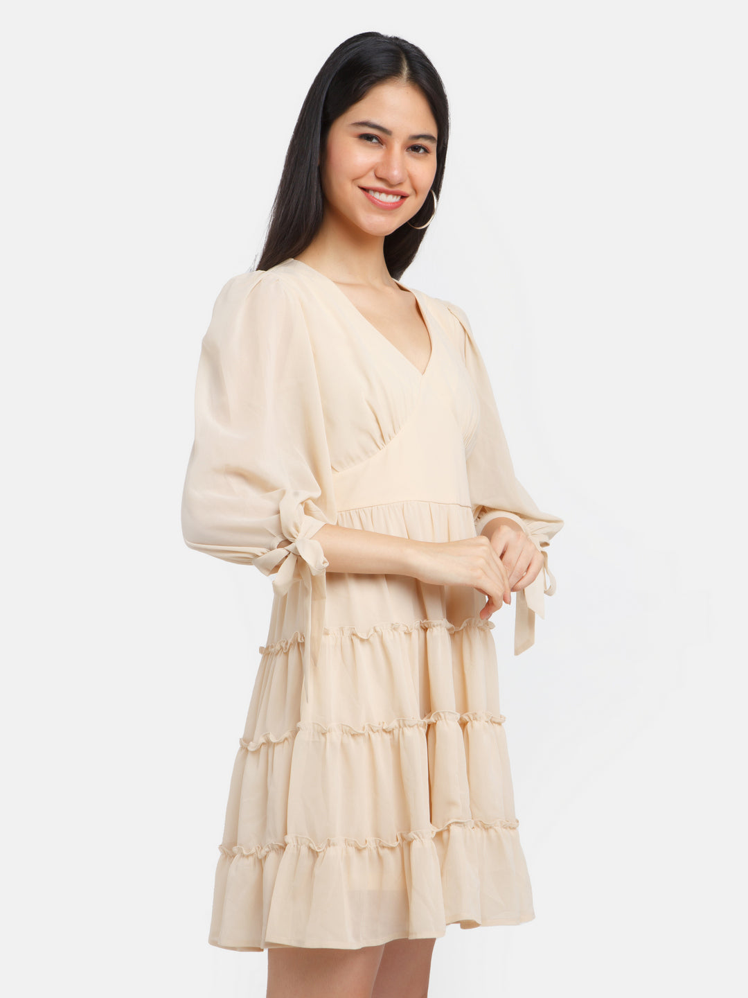 Beige Solid Tiered Short Dress