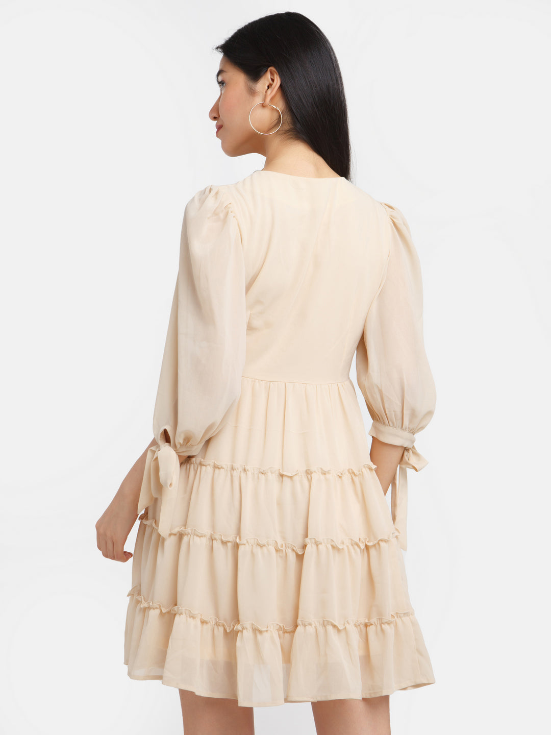 Beige Solid Tiered Short Dress