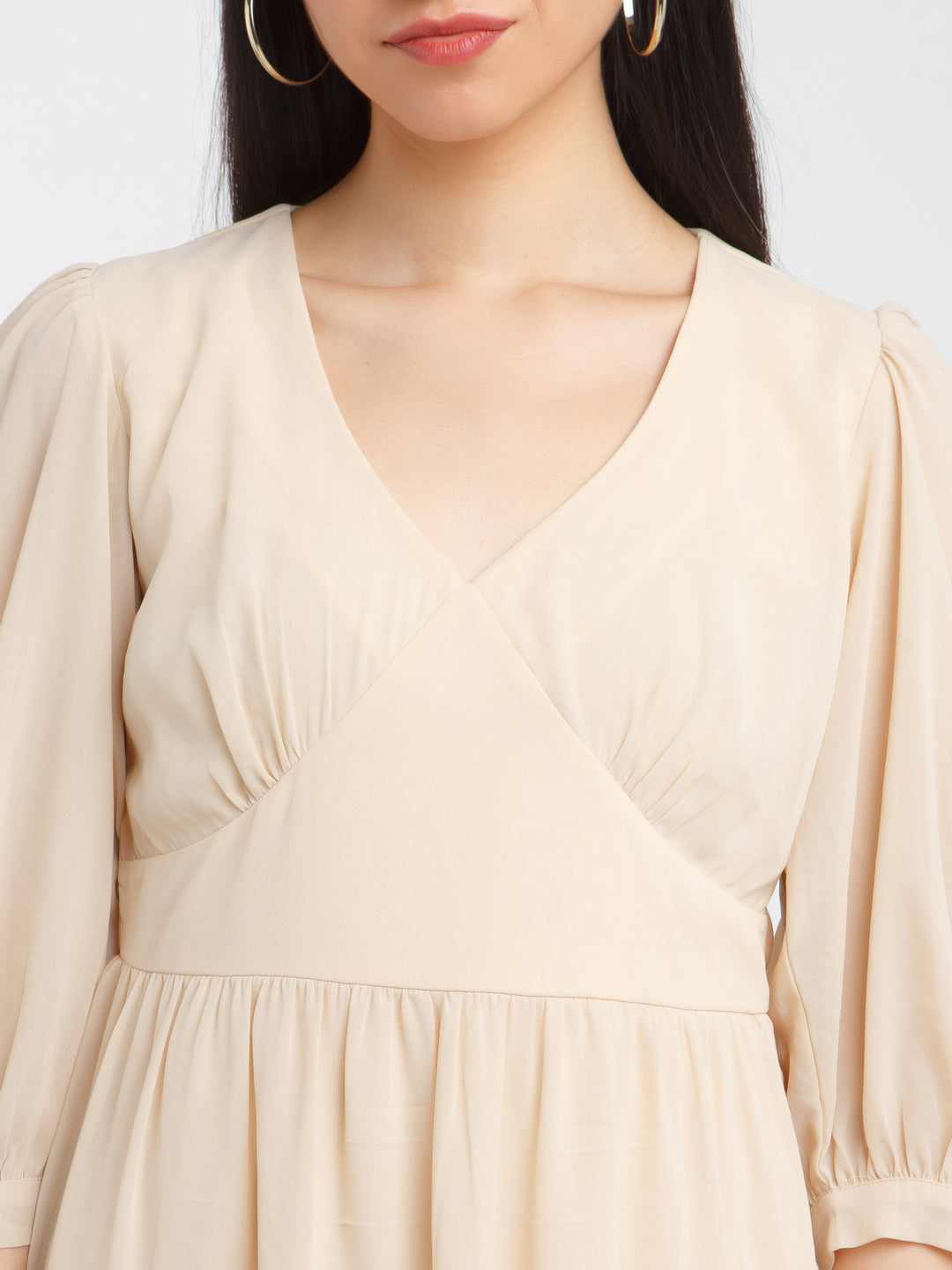 Beige Solid Tiered Short Dress