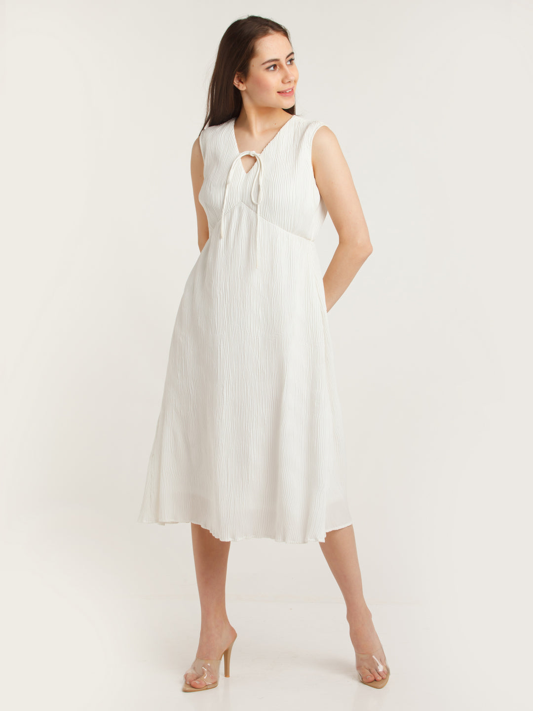 White Solid Empire Midi Dress