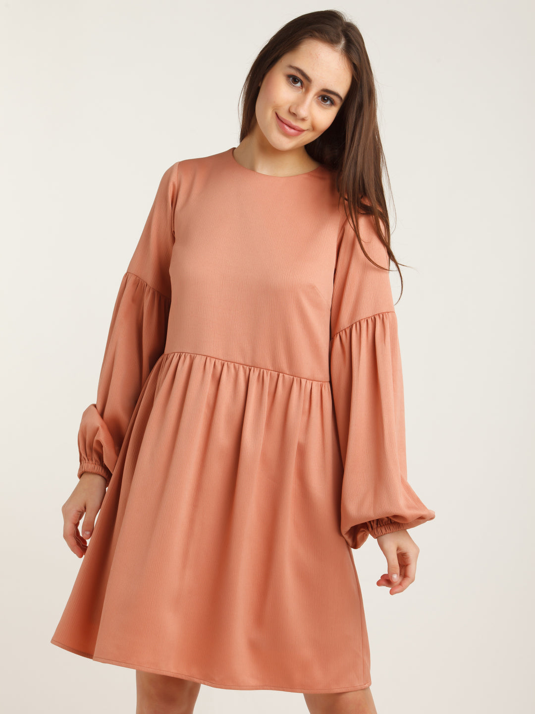 Peach Solid Gathered Short Dress