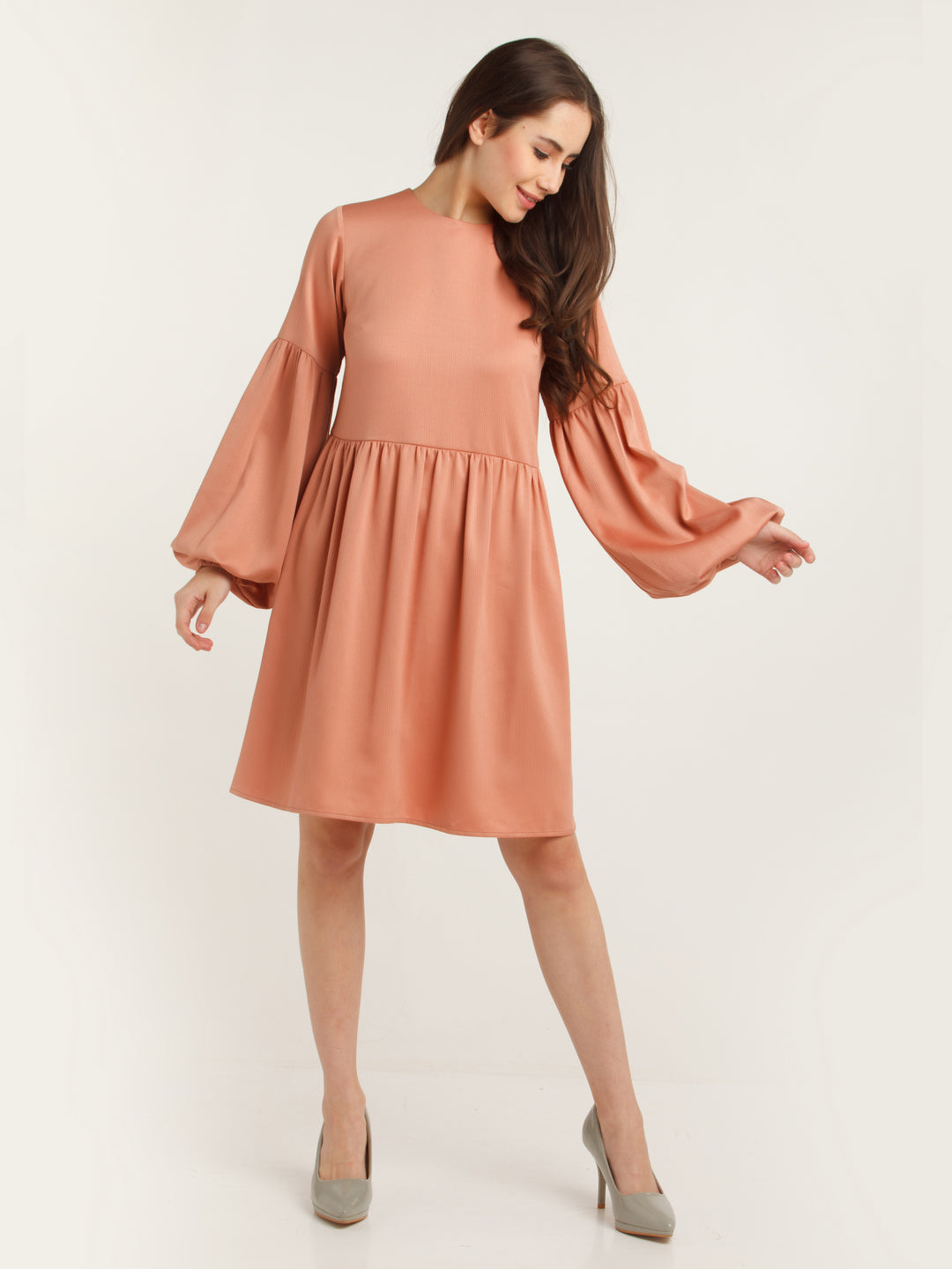 Peach Solid Gathered Short Dress