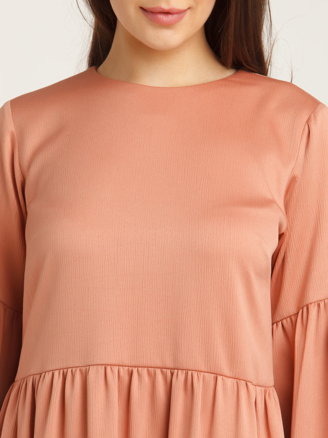 Peach Solid Gathered Short Dress