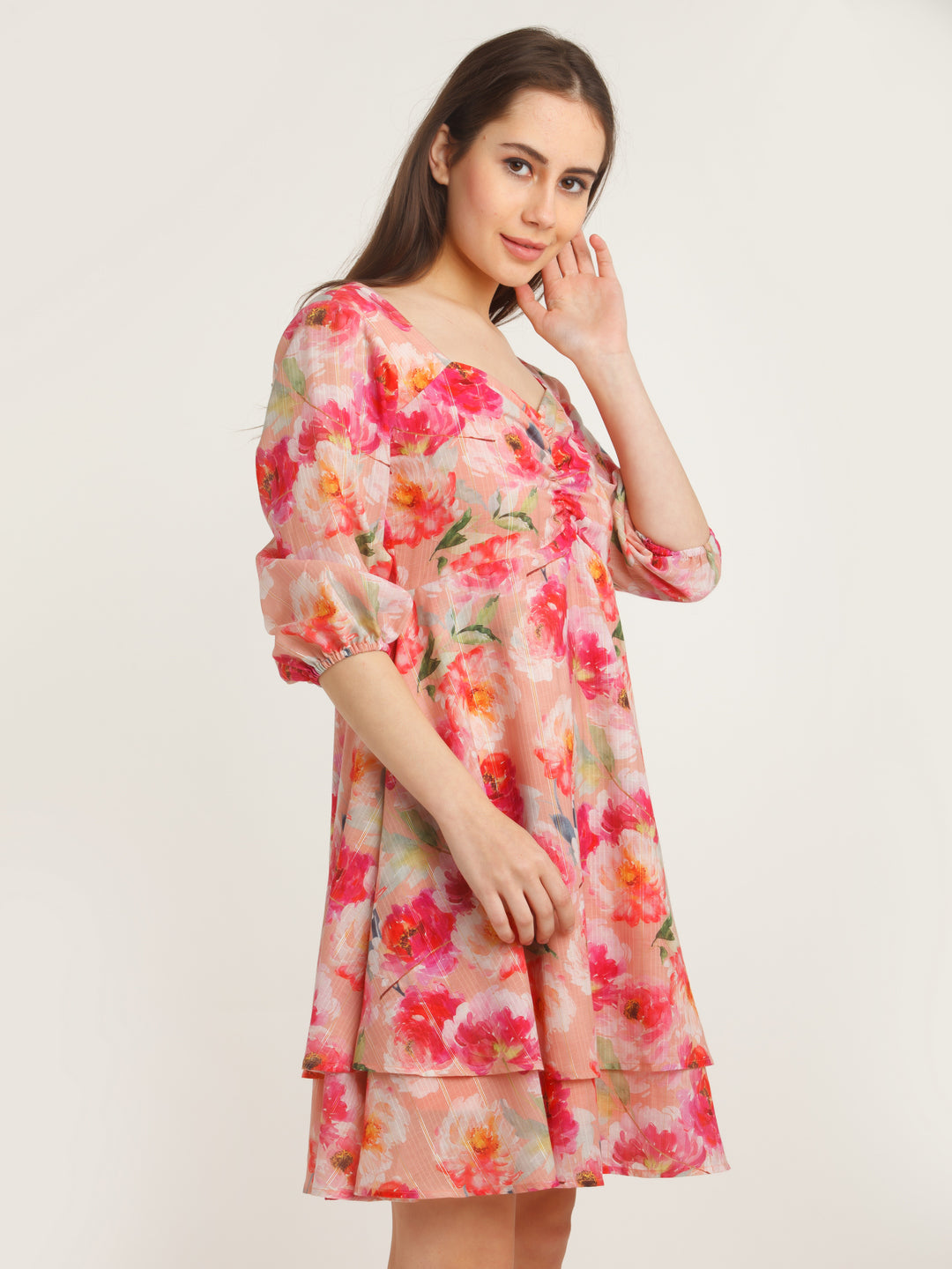 Pink Printed Layered Short Dress