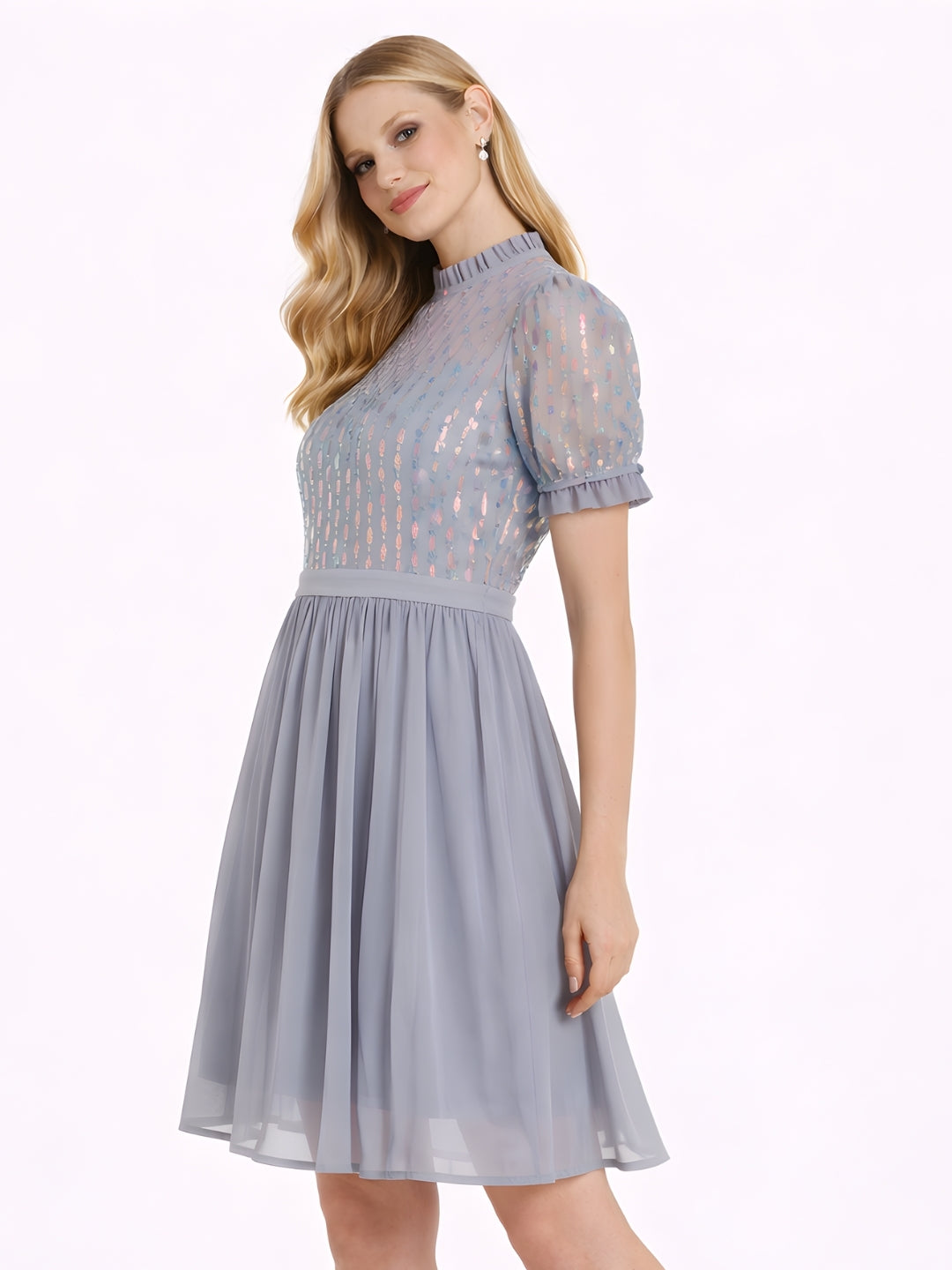 Grey Embellished Puff Sleeve Short Dress