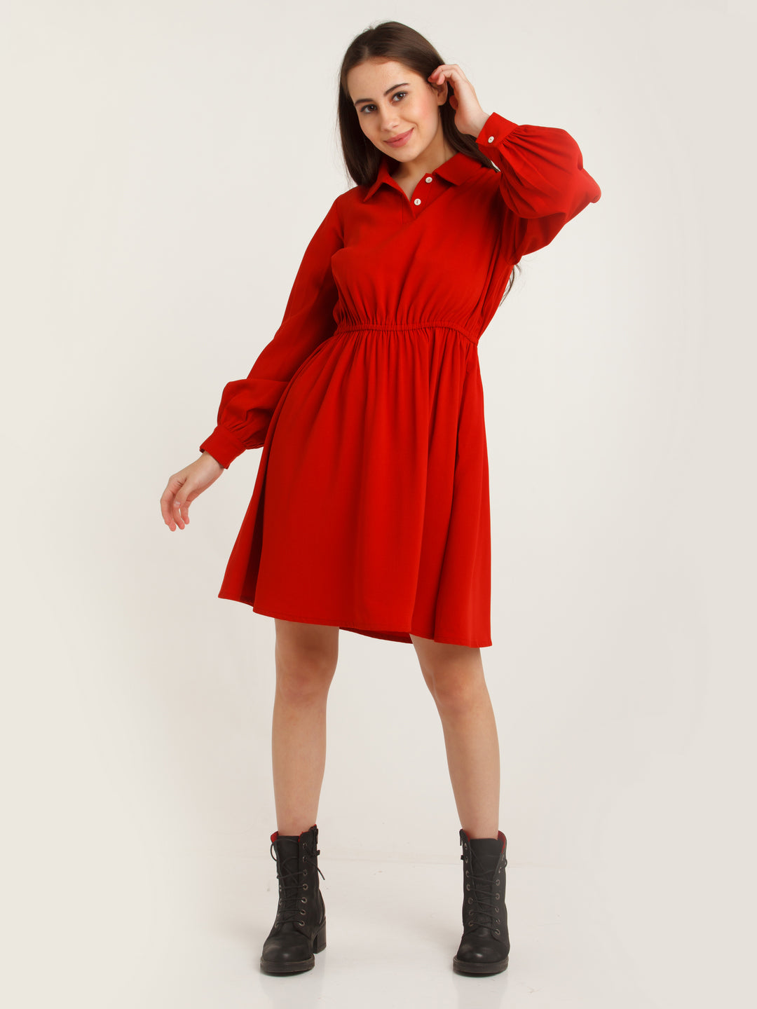 Red Solid Elasticated Short Dress