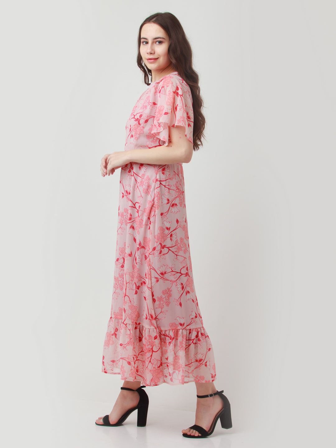 Pink Printed Gathered Maxi Dress