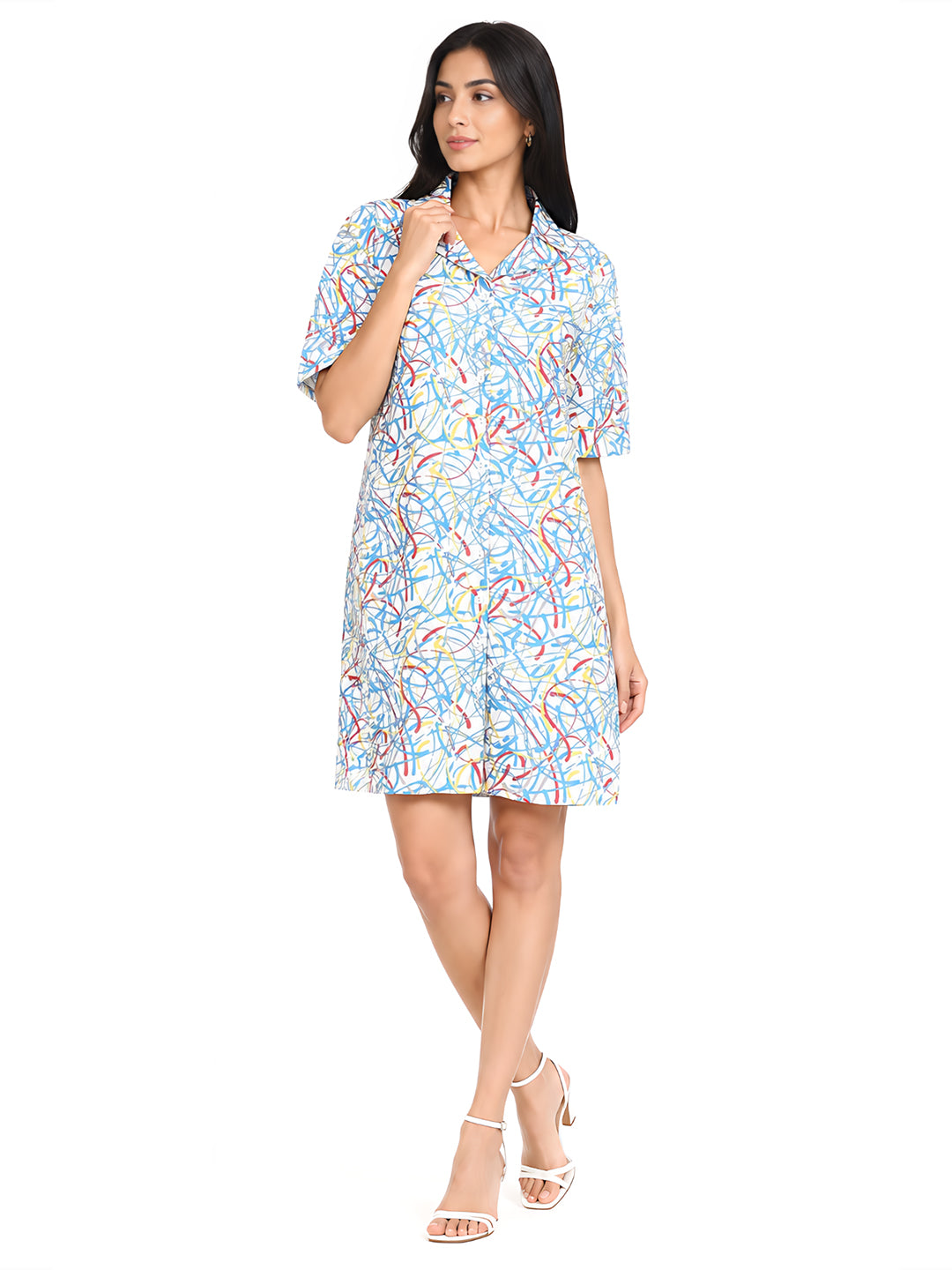 White Abstract Shirt Dress