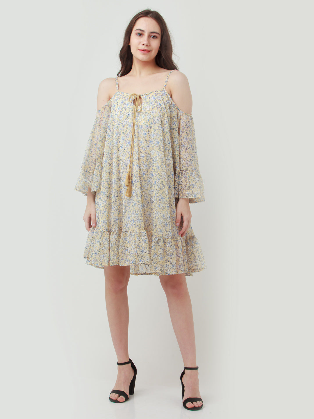 Yellow Printed Tiered Short Dress