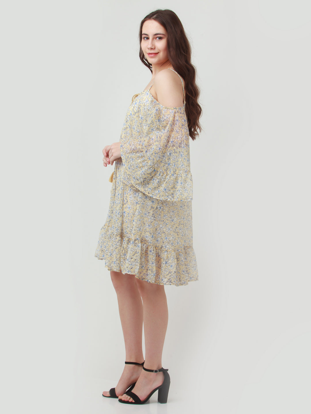 Yellow Printed Tiered Short Dress