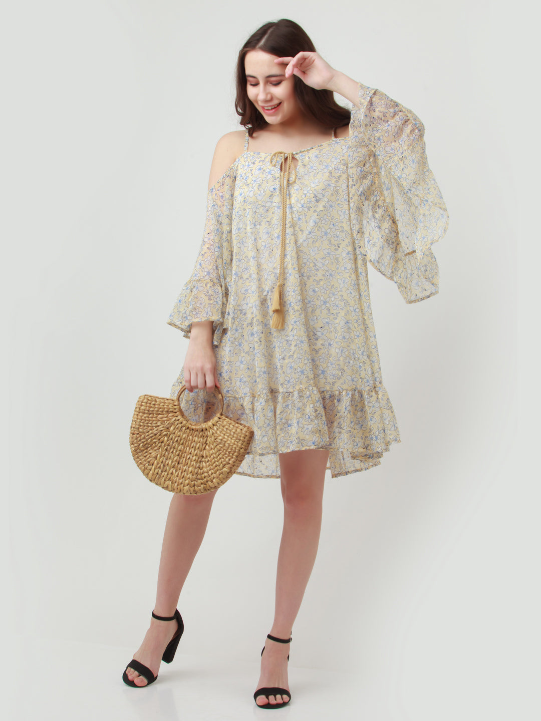 Yellow Printed Tiered Short Dress