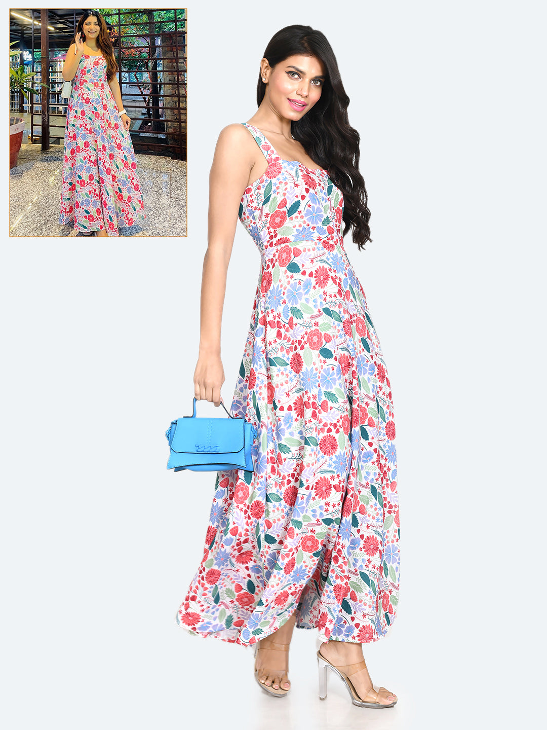 Multi Colored Printed Strappy Maxi Dress