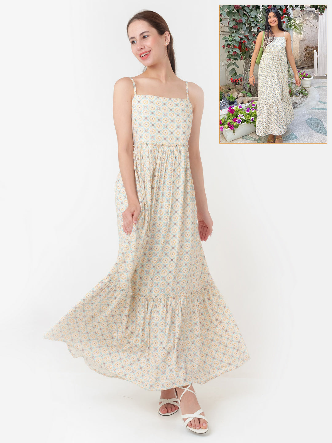 White Printed A-Line Maxi Dress