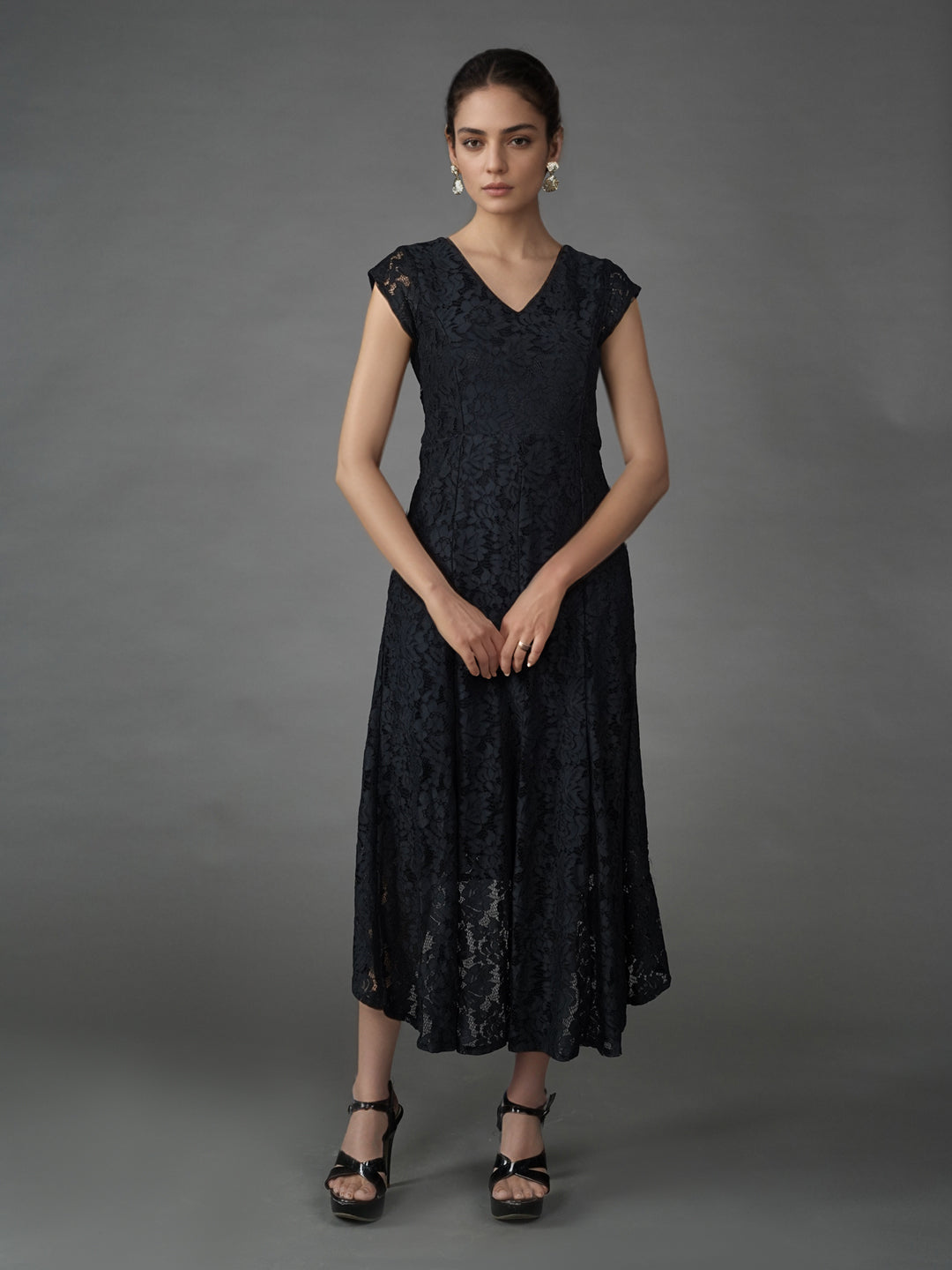 Black Lace Flared Maxi Dress