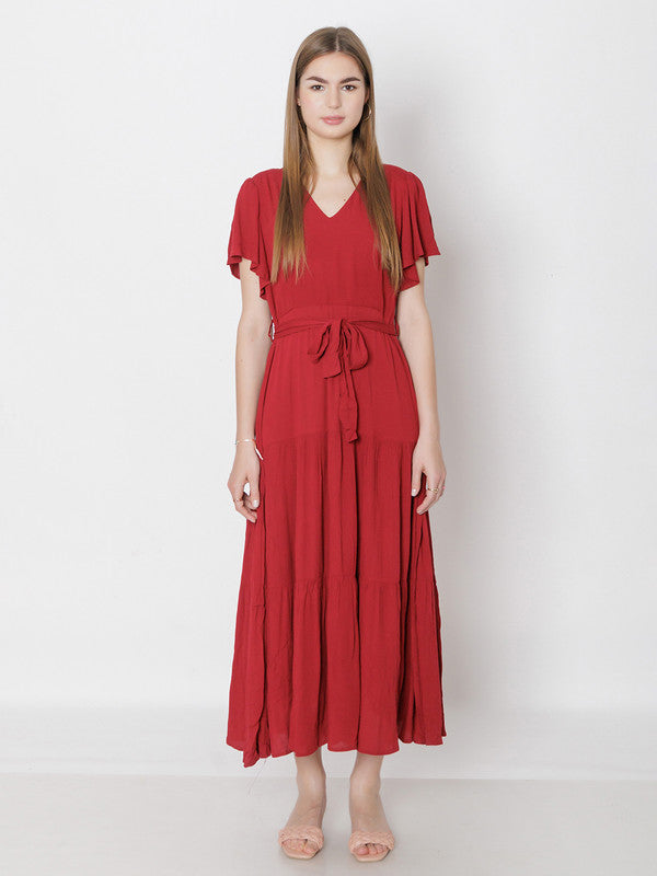 Maroon Solid Regular Fit Maxi Dress-2