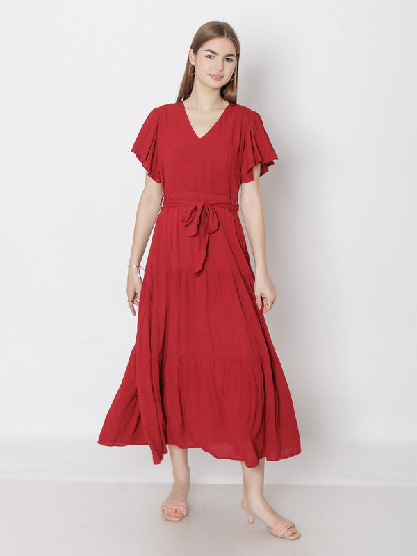 Maroon Solid Regular Fit Maxi Dress-5