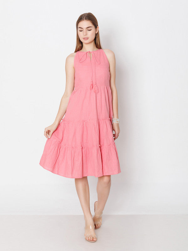 Pink Solid Regular Fit Midi Dress-1