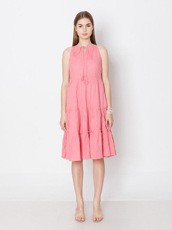 Pink Solid Regular Fit Midi Dress-2