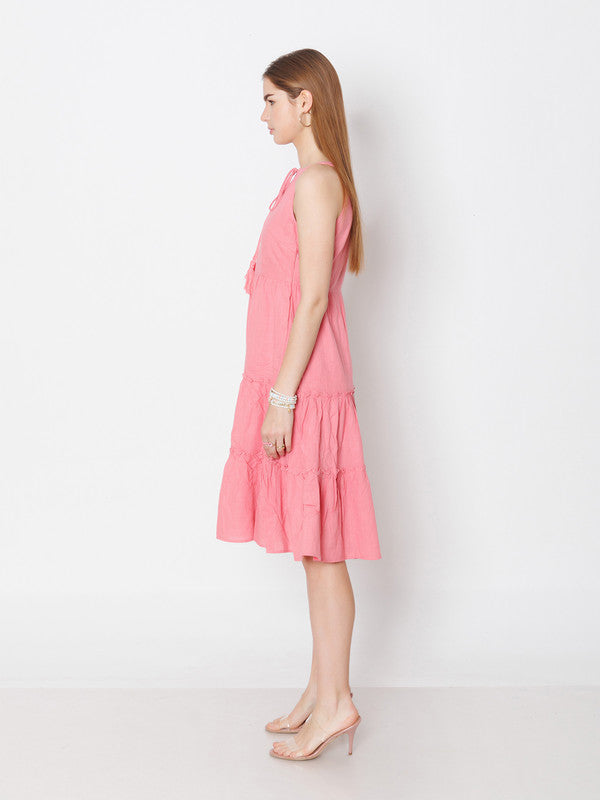 Pink Solid Regular Fit Midi Dress-3