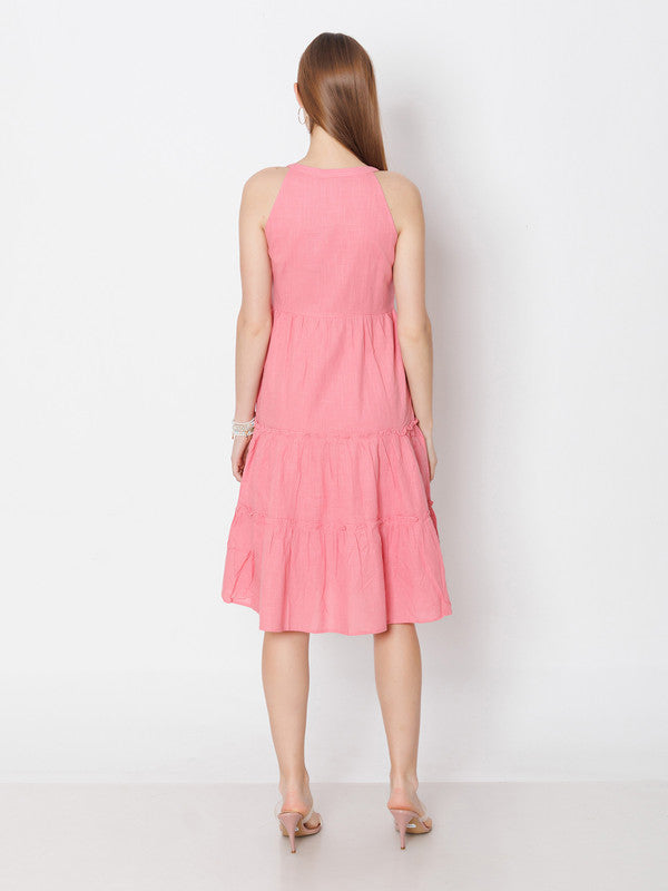 Pink Solid Regular Fit Midi Dress-4